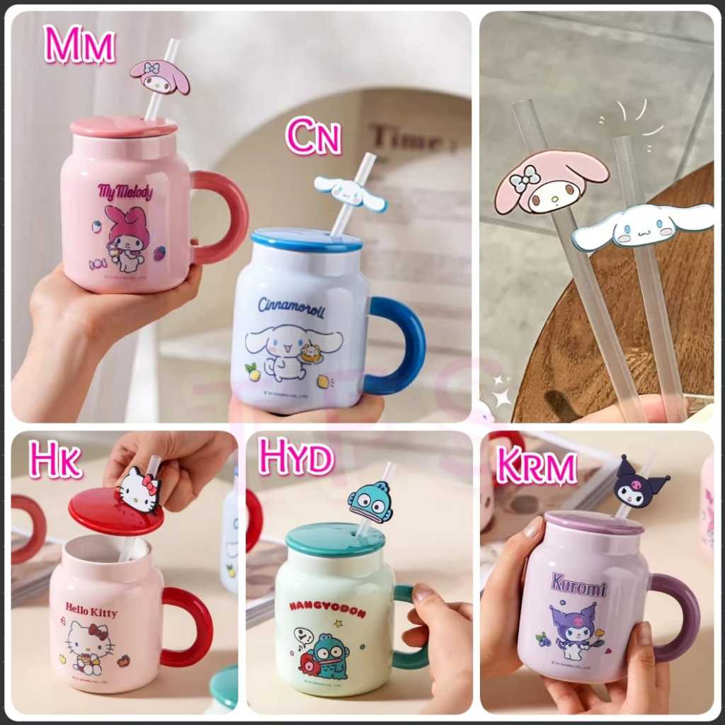 Mug Sedot Tutup Keramik 400ml sanrio ORI Hello Kitty Cinnamoroll Kuromi Melody Hangyodon anak dewasa