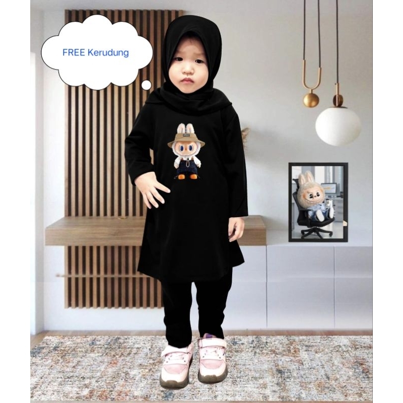 setelan tunik anak motif Labubu/umur 4-13 tahun Free Kerudung