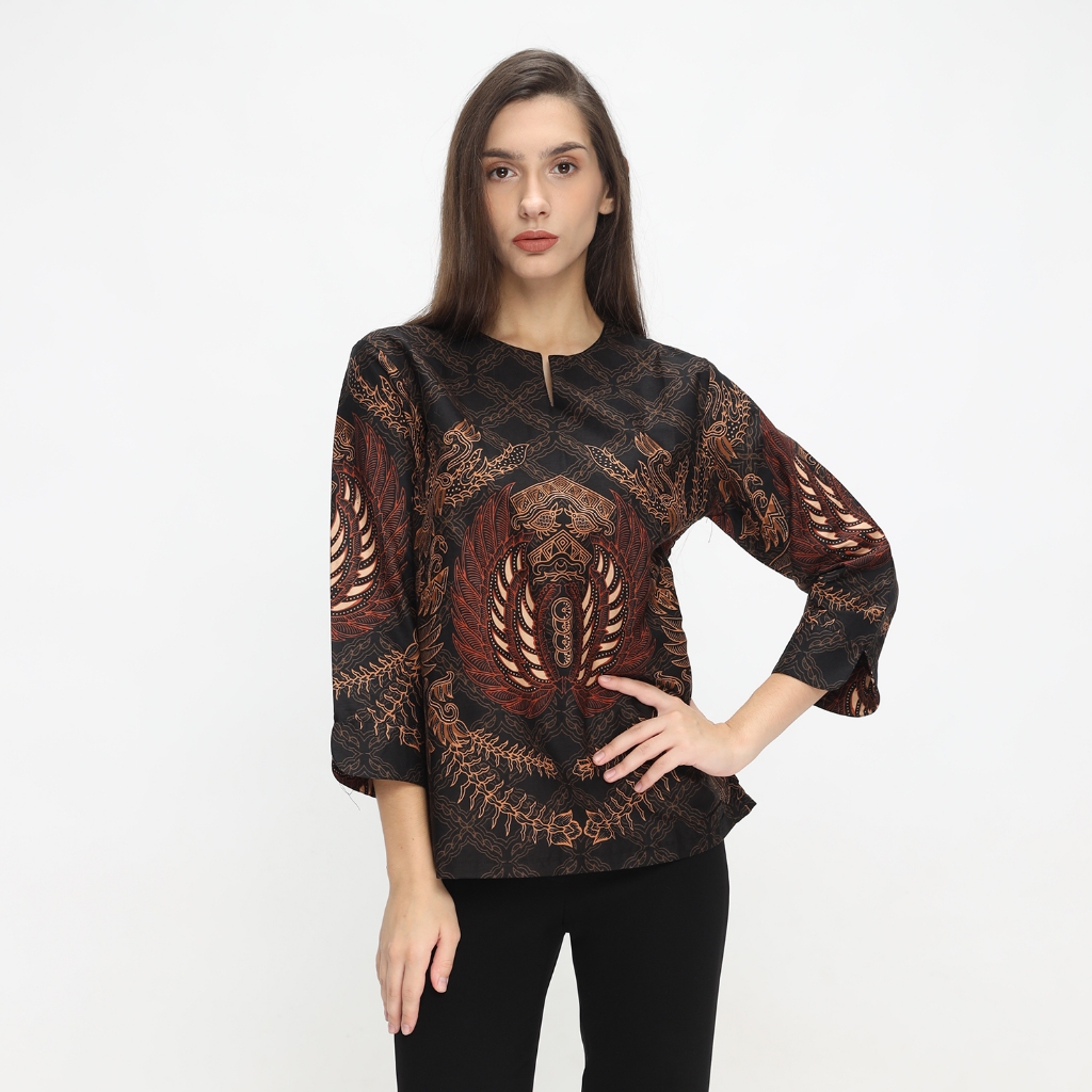 Blouse Batik Wanita Atasan Batik Wanita Lengan Panjang Warna Coklat OLR232