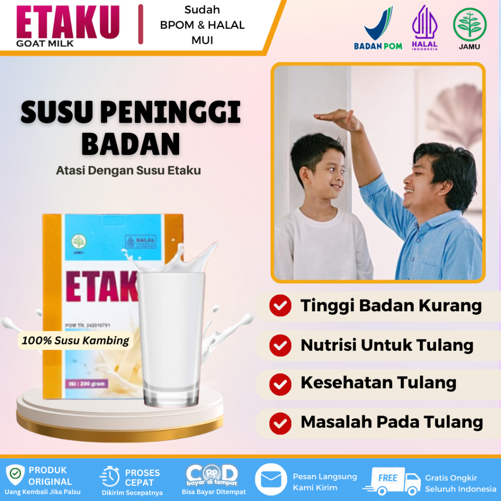 

Susu Etaku - Susu Peninggi Badan, Penambah Tinggi Badan, Pertumbuhan Tulang & Kalsium, Susu Peninggi Badan Remaja Dewasa Anak Dengan Susu Kambing Etaku HALAL BPOM