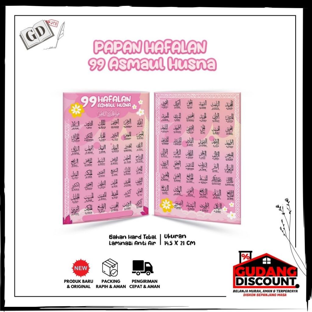 

Papan Hafalan Custom + Nama 99 Asmaul Husna Bahan Hard Tebal Laminasi Anti Air, Depan Belakang Warna Pink (Table Papan Hafalan)