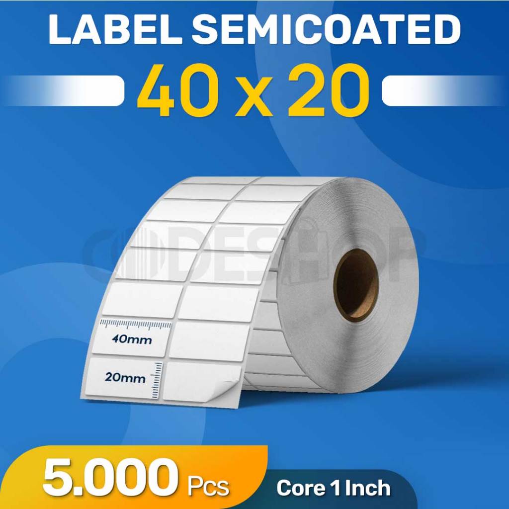 

Kertas Sticker Label Printer Barcode SEMICOATED 40x20mm Core Kecil 40x20