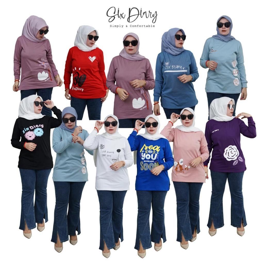 Baju atasan Wanita Six Diary Original paling terbaru Katun Combed Kaos lengan Panjang