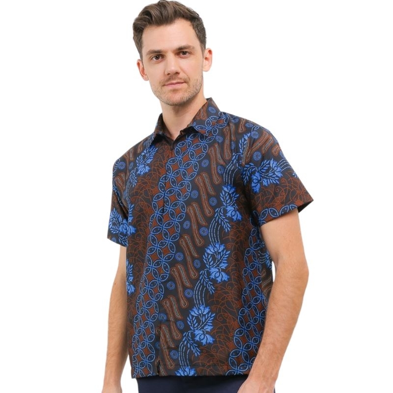STRBTQ Kemeja Pria Batik Pendek SENO BIRU Batik Pria Lengan Pendek