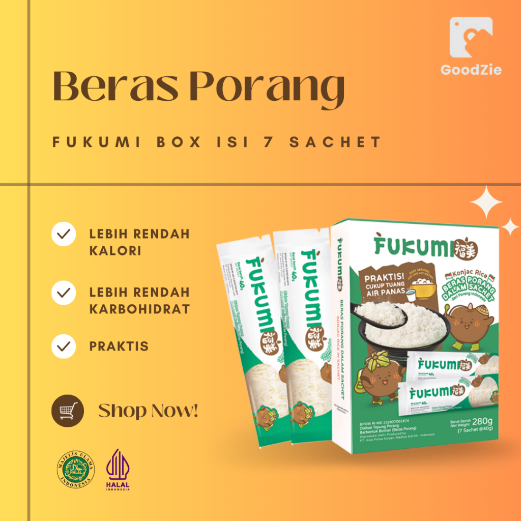 

Fukumi Beras Porang Box isi 7 Sachet Konjac Rice / Shirataki Beras Instan