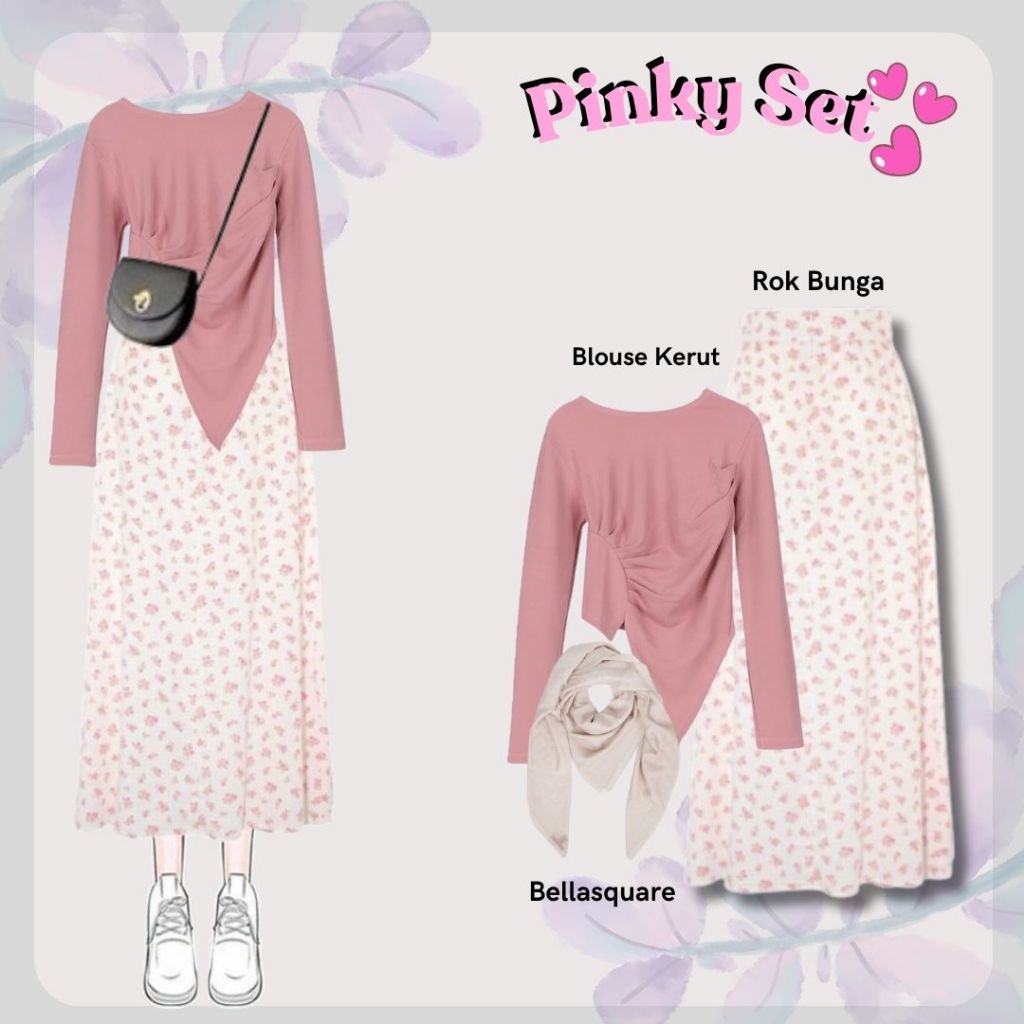 Outfit Pinky Set One Set Wanita ( Blouse + Rok Bunga + Jilbab ) Outfit Setelan Cewek Remaja Hijab
