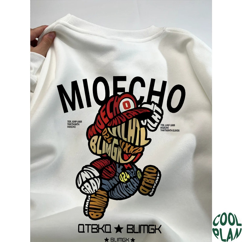Mario Wanita Sweater panjang hitam/putih baju switer pria kaos lengan panjang korean style oversize
