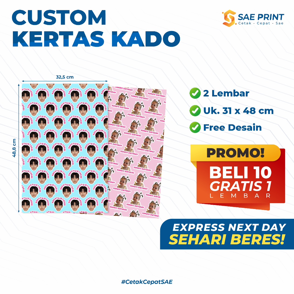 

SAE PRINT / KERTAS KADO CUSTOM / CUSTOM MUKA / BUNGKUS KADO / KADO CUSTOM (2 LEMBAR)