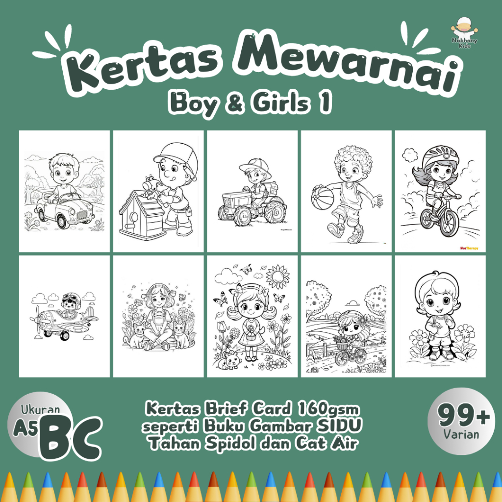 

10 Lembar Kertas Gambar Mewarnai TEBAL 160GSM, Tahan Cat Air, Tema Anak Laki-Laki dan Perempuan