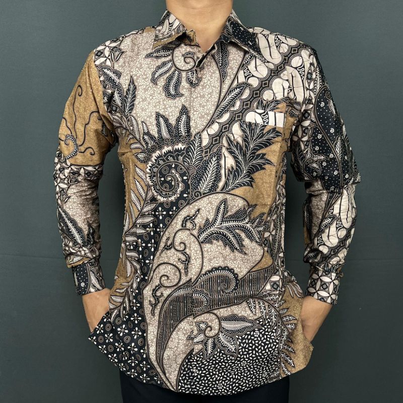 Kemeja batik pria COKLAT SUSU lengan panjang bahan katun lapis furing motif terbaru