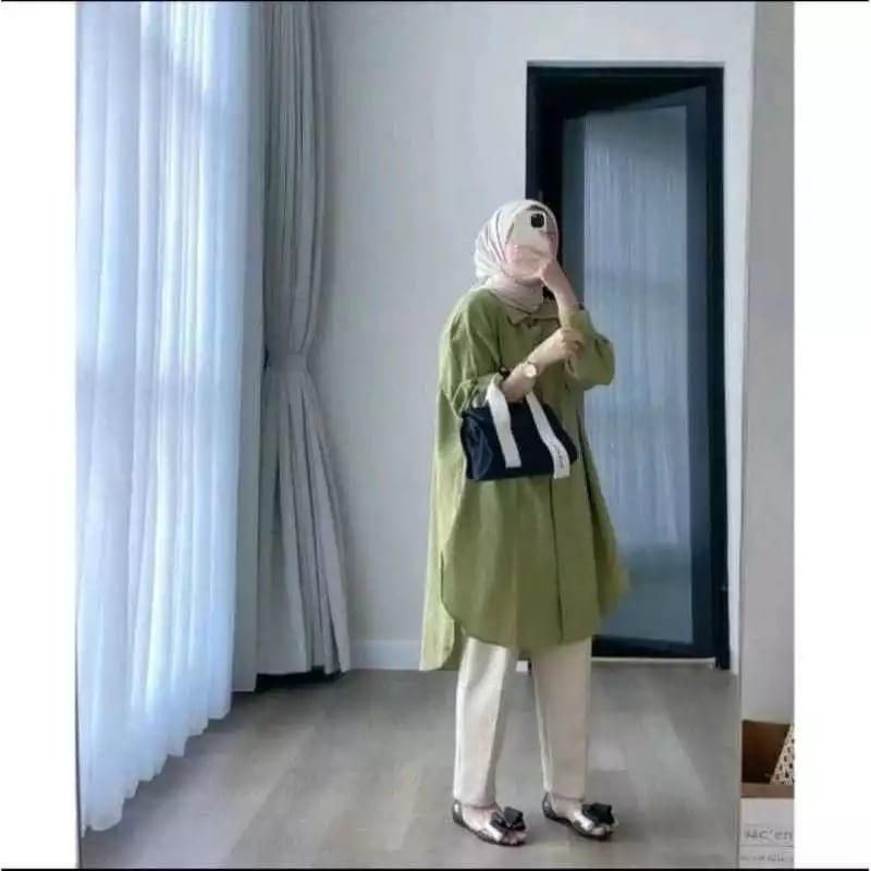 Long Tunik Clara Katun Linen - Atasan Wanita Polos Rami Kancing Depan Full