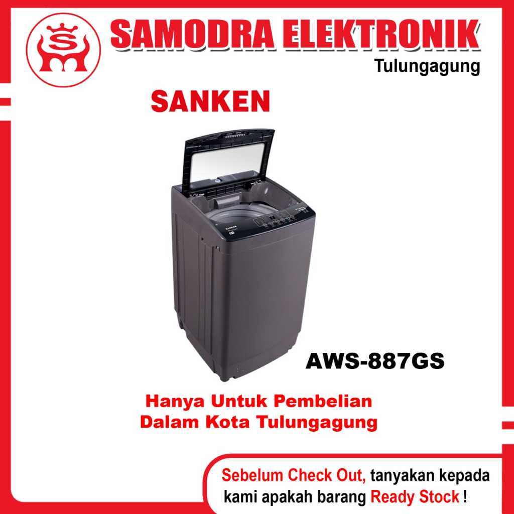 Mesin Cuci SANKEN AWS-887GS Grey | Mesin Cuci Satu Tabung Top Loading 8 Kg Bukaan Atas Sanken