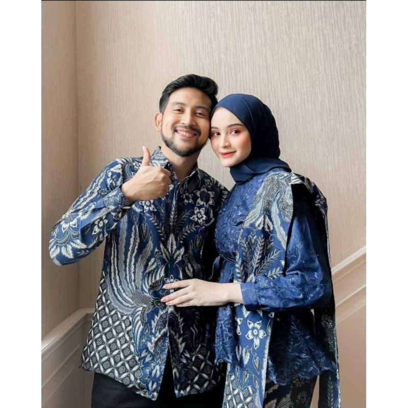 SET KEBAYA ALISA NAVY ORI COUPLE KEMEJA PREMIUM / CUSTOM ANAK & JUMBO / BAJU SETELAN SERAGAM BATIK P