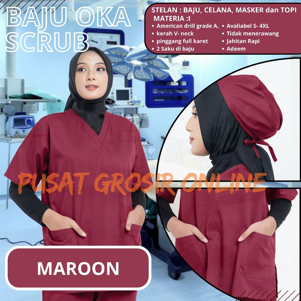 Baju Ok Lengan Pendek Merah MAROON SCRUB MEDIS Baju Jaga OKA Sergam Dokter Perawat LENGAN PANJANG