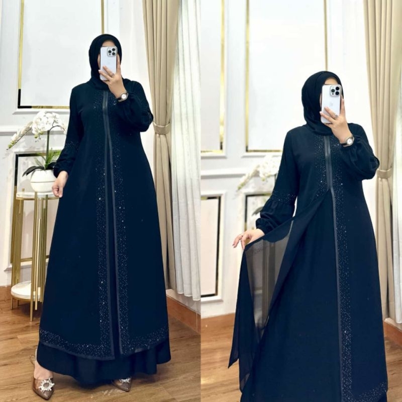 GAMIS ABAYA PAYET BEYZA JERSEY CERUTY HITAM POLOS LENGAN BALON