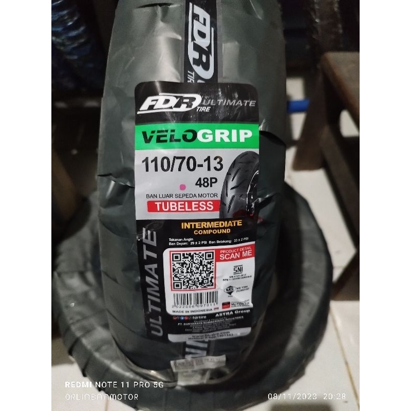 BAN FDR VELO GRIP 110/70-13 Tubles/Ban Depan FDR VELO GRIP Nmax/Ban Luar Nmax 110/70-13/Ban FDR VELO
