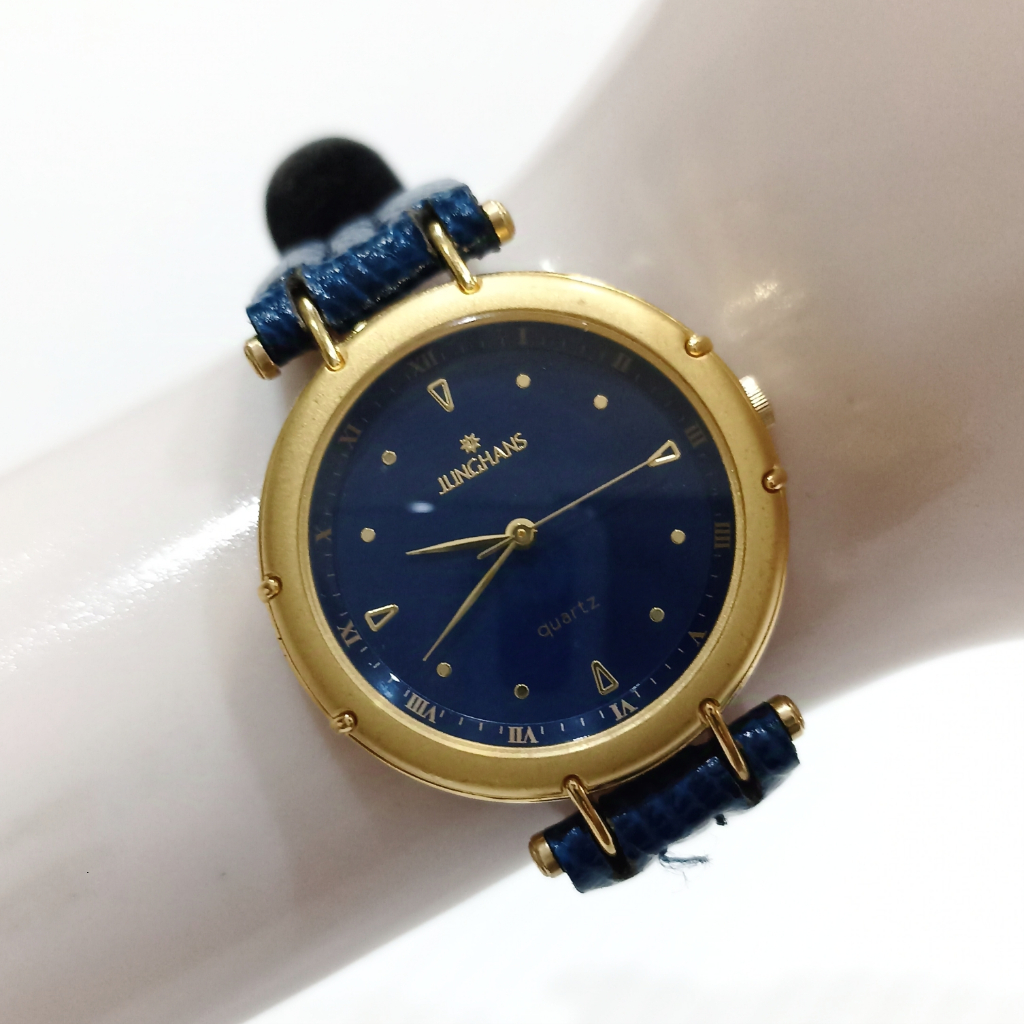 Junghans Classic Vintage Blue Gold Quartz Watch Jam Tangan Baterai Biru Fashion Jadul Kuno Langka