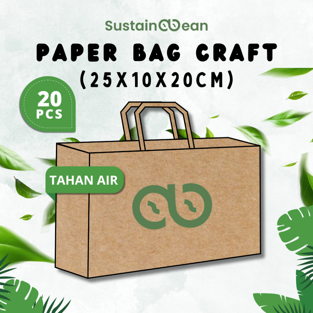 

Paper Bag Sustainabean Tahan Air | Kertas Kraft | Ukuran 25x10x20cm | Isi 20 pcs