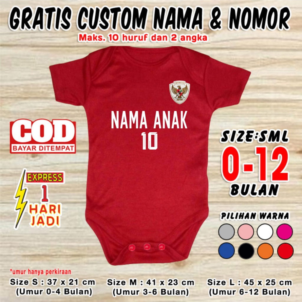 Baju Bola Bayi INDONESIA GRATIS CUSTOM NAMA DAN NOMOR Seragam Timnas Jumper Baby Romper Newborn Kado