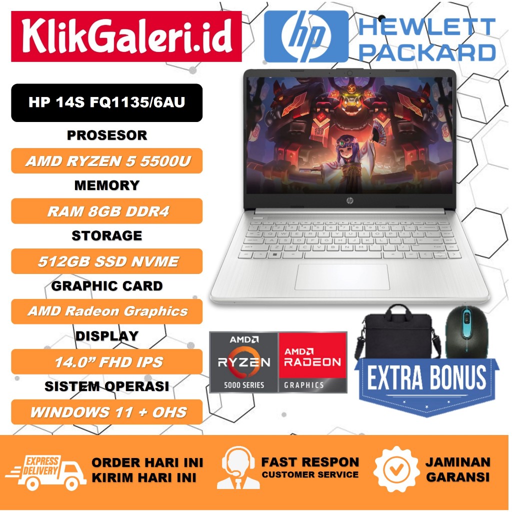 Laptop HP 14S FQ1135au Amd Ryzen 5 5500U 8GB 512GB IPS Silver OHS