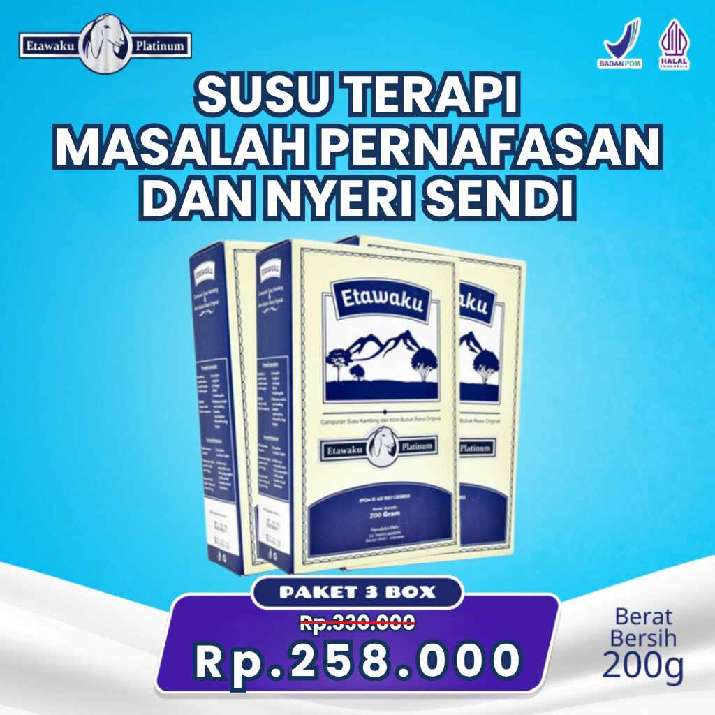 

ETAWAKU PLATINUM 3 BOX ORIGINAL 100% - SUSU ETAWA MENGATASI MASALAH PERNAFASAN DAN SENDI 2OO GRAM