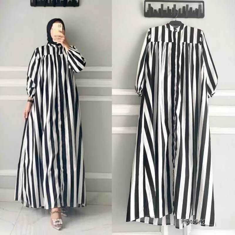 Baju Gamis Dewasa Motif Salur Kancing Depan JUmbo Pollycotton Premium