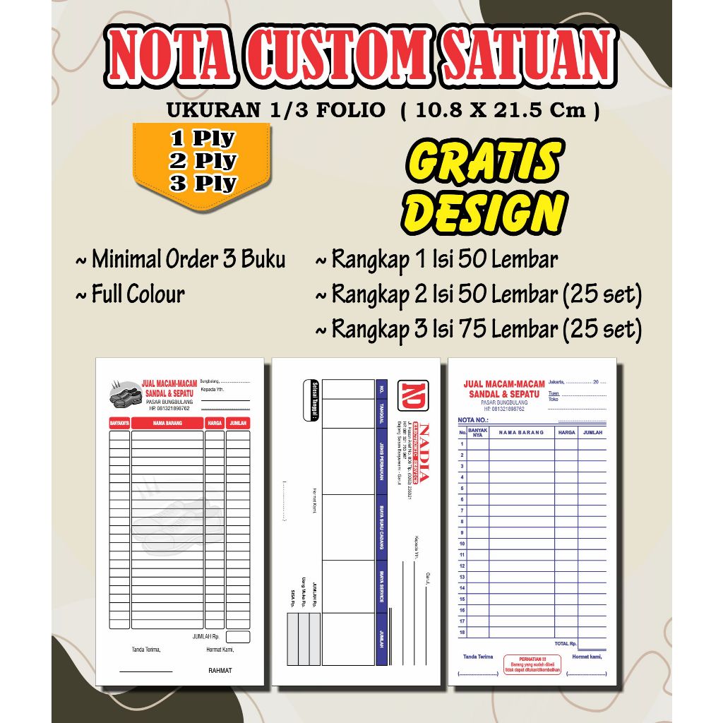 

Nota 1/3 Folio 1ply 2 ply 3 ply nota custom request nama toko olshop sendiri free desain
