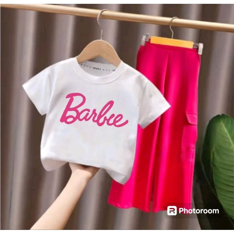 Setelan Anak Perempuan BARBIE Usia 5-12 Tahun Kaos dan Celana Cargo Fanta Model Kekinian