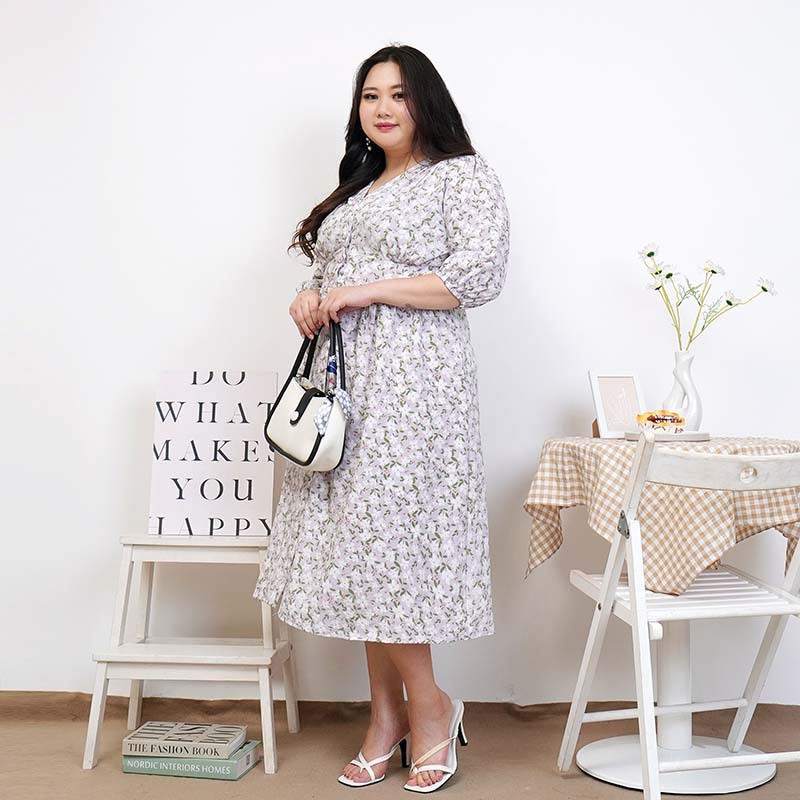 CHU - Adenium Flora Midi Dress LILAC Gaun Big Size / Plus Size / Oversize