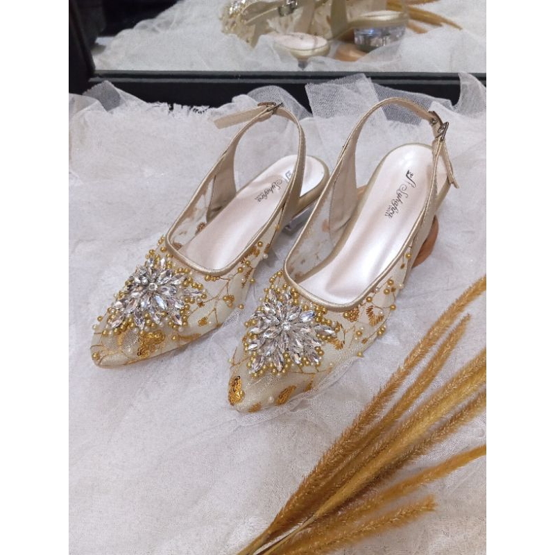 Syhafira - Catrina Selop Pengantin Selop Wedding Heels Pesta  Hak Kaca3 Cm Gold