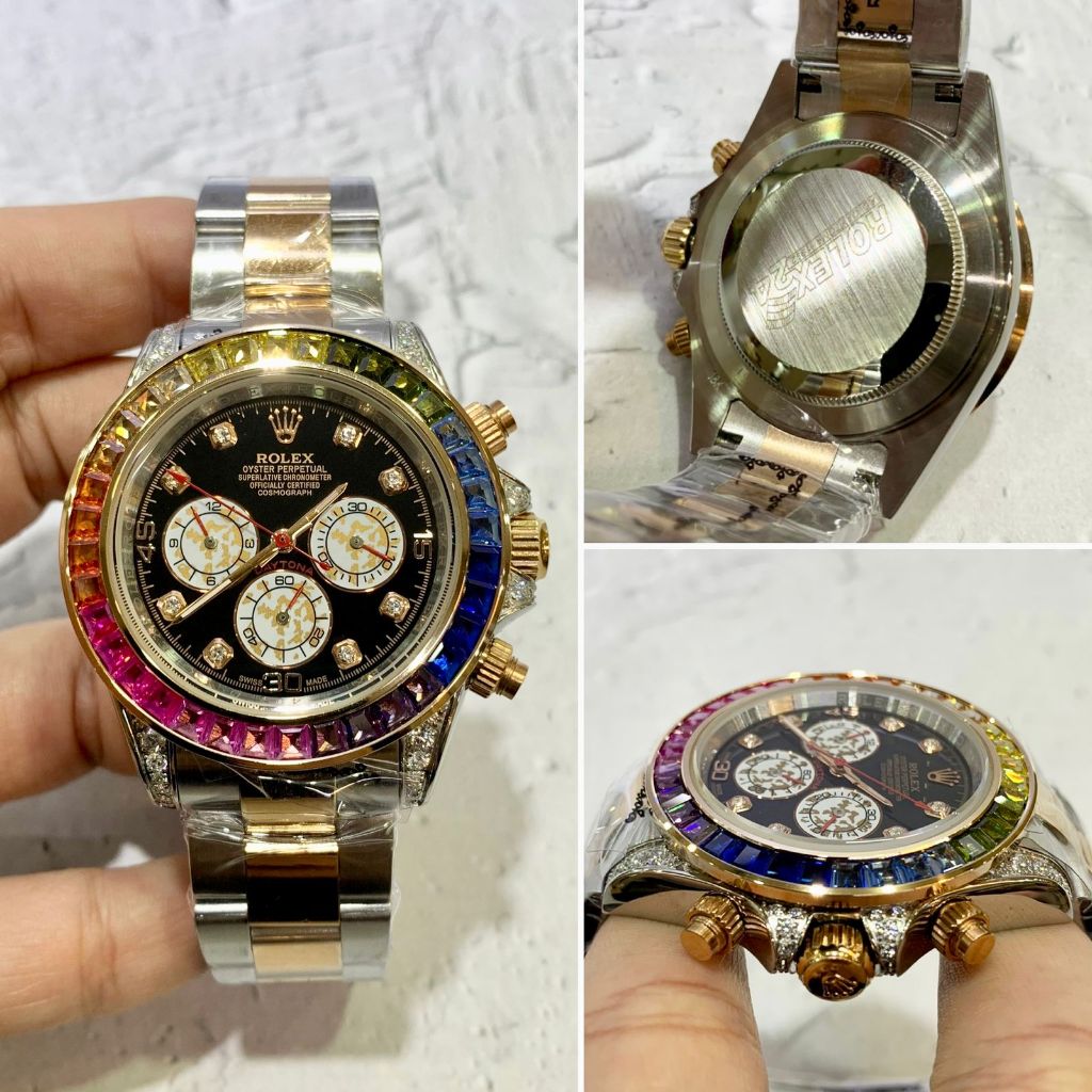 Jam Tangan Rolex Daytona Diamond 40mm Chronograph Rose Gold Kombi Black Dial