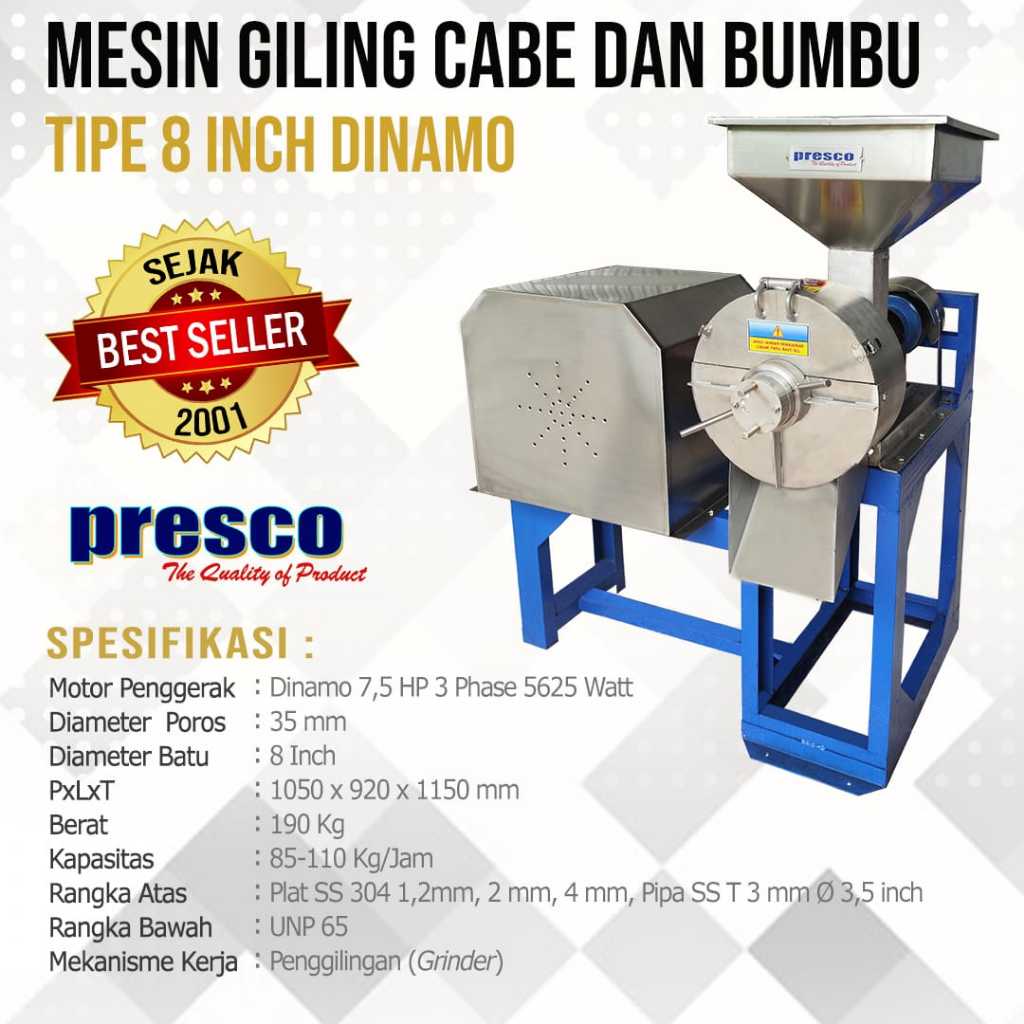 Mesin Giling Cabe dan Bumbu Type 8 Inch Dinamo PRESCO (dokumen)