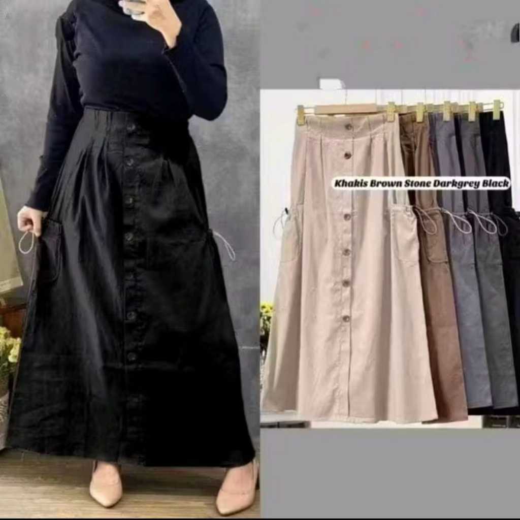 Rok Wanita Viny Cargo Panjang Button Katun Twill Combed Premium Kancing Depan Full Variasi