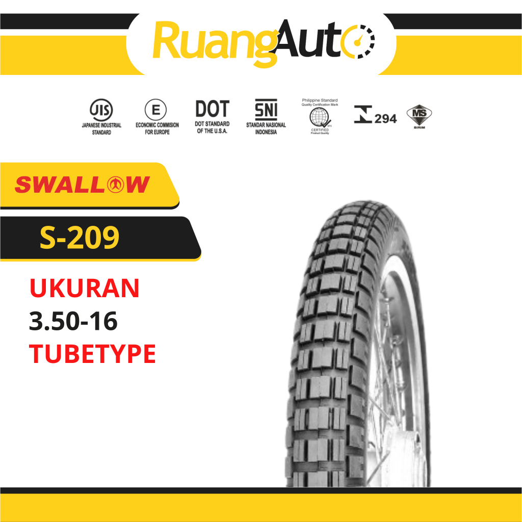 BAN MOTOR RING 16 SEPEDA MOTOR SWALLOW S-209 TRAIL UKURAN | 350-16 | 350 | RING 16 TUBETYPE