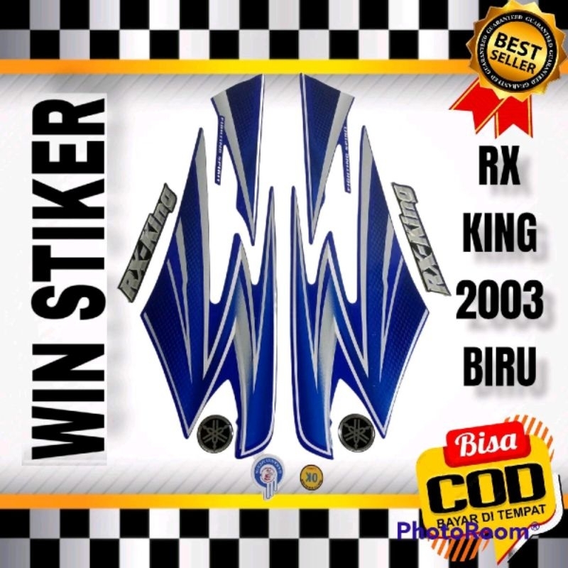 striping stiker RX king 2003 biru satu set emblem timbul komplit, lis body sticker rx king 2003 biru