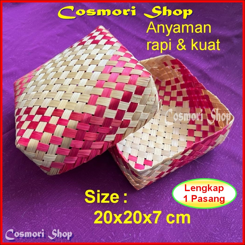 Besek Warna Anyaman Bambu 20x20 cm Untuk Hajatan Nasi Berkat Hantaran Kue Motif Cantik Berkatan Hamp
