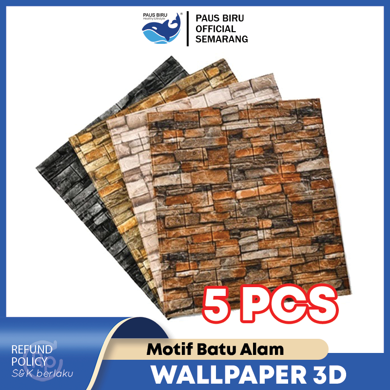 Paus Biru - Paket 5 Pcs Wallpaper Dinding Batu Alam 3D Timbul Wallpaper Foam Pola Bata Merah 70x70cm