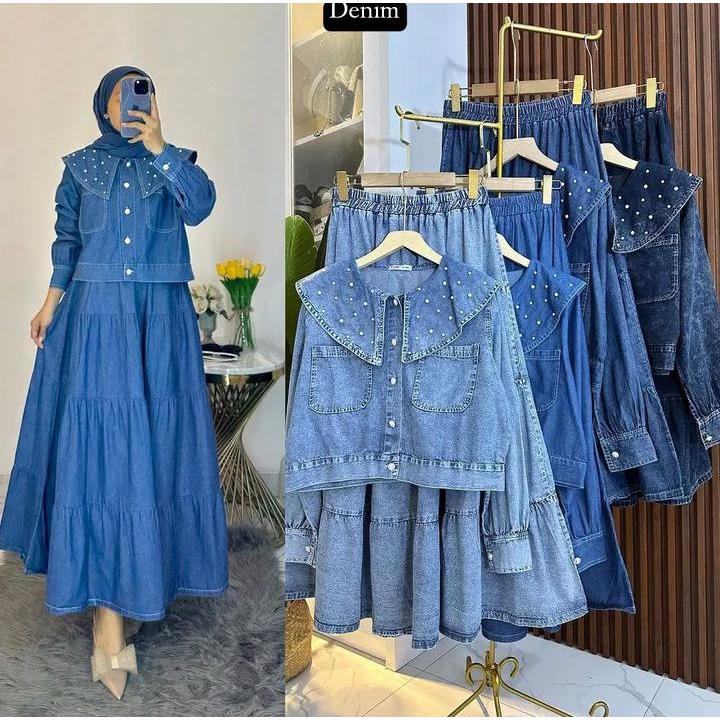 MILANA SET ROK ATASAN & ROK PANJANG BAHAN JEANS PREMIUM