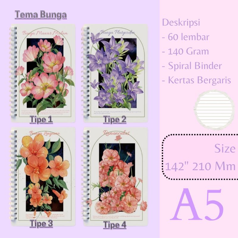 

Note Book/Buku Catatan Tema Bunga A5 Spiral Binder