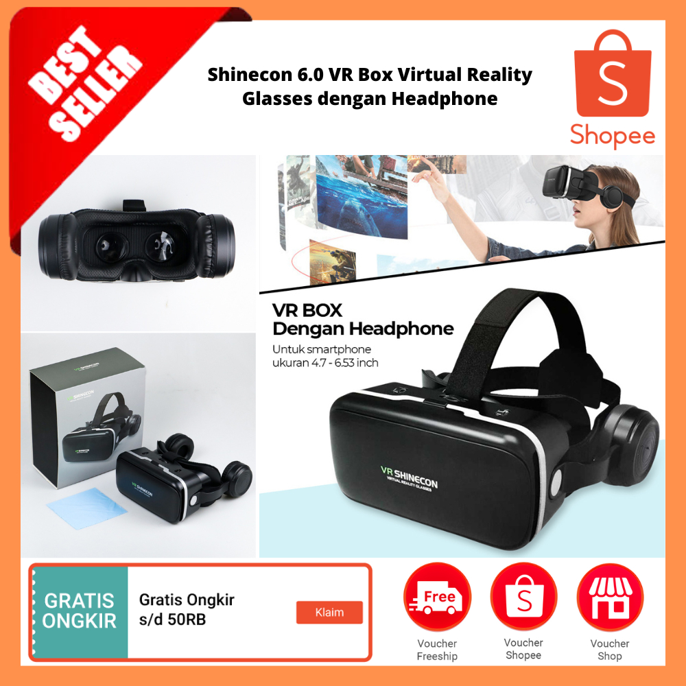 Shinecon 6.0 VR Box Virtual Reality Glasses dengan Headphone / Kacamata Virtual 3D Layar Besar VR