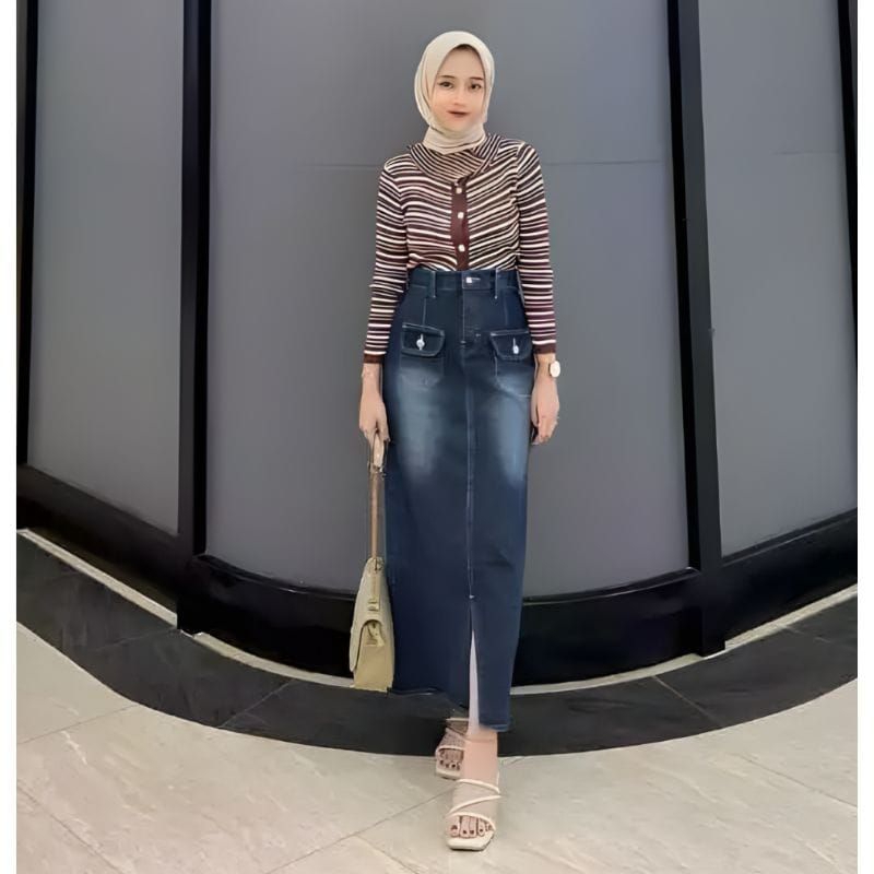 Prabaa Rok Jeans sepan kantong depan  wanita dewasa kekinian setly korean