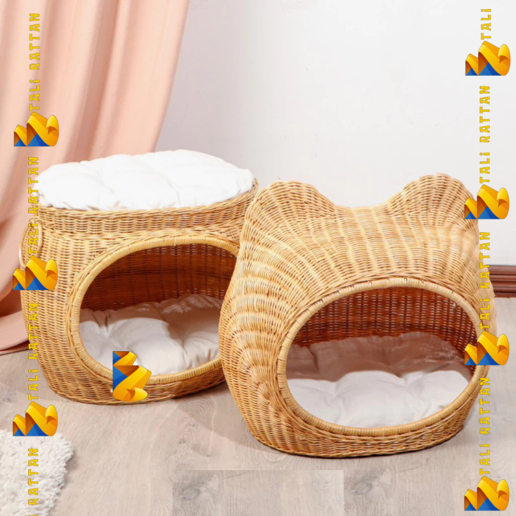 Tempat Tidur Kucing Anjing Rotan / Rumah Kucing Tingkat Rotan Hewan Peliharaan