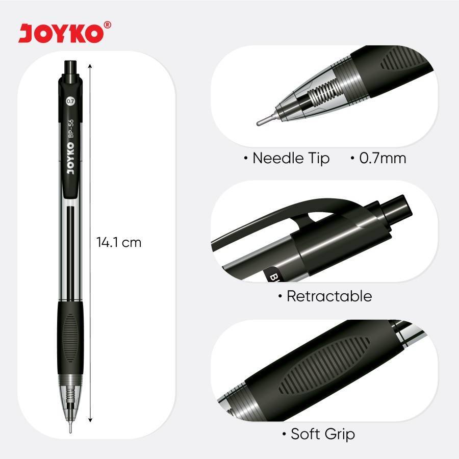 

Pulpen Joyko Cetek BP 56 / Ball Pen BP-56 0.7 mm Ballpen Click Warna - Hitam biru merah