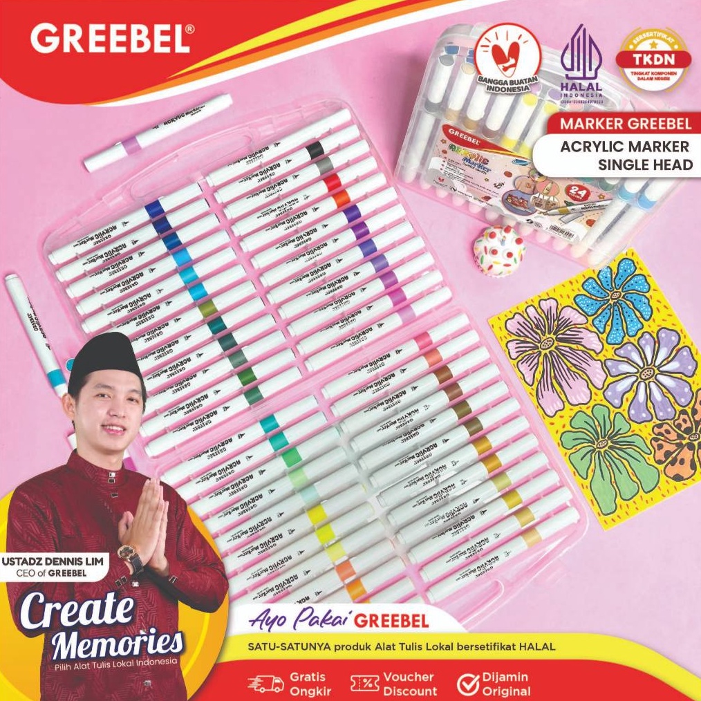 

KODE W75Y GREEBEL Spidol Acrylic Marker Single Head Sketsa Marker Set Spidol Warna Warni 12 18 24 36 48 Warna