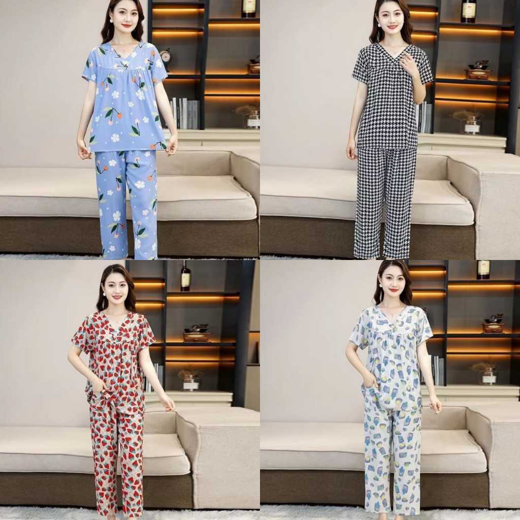 VONY SETELAN BAJU TIDUR DEWASA KERAH V LENGAN PENDEK + CELANA PANJANG BAHAN KATUN RAYON PREMIUM BAJU