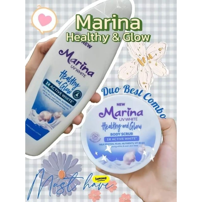 MARINA HEALTY AND GLOW BODY SCRUB//MARINA HEALTY AND GLOW BODYLOTION BIRU 185ML