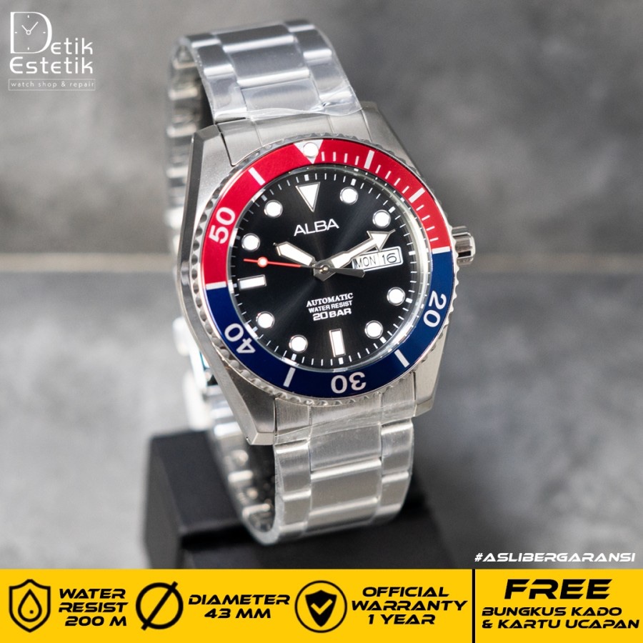 Jam Tangan Pria Alba AL4291 Automatic Divers Pepsi Stainless Steel Original