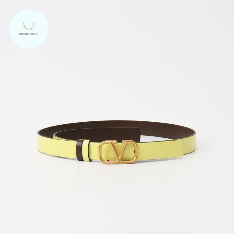 Valentino V logo 2cm Belt Pale Yellow - Teak Brown