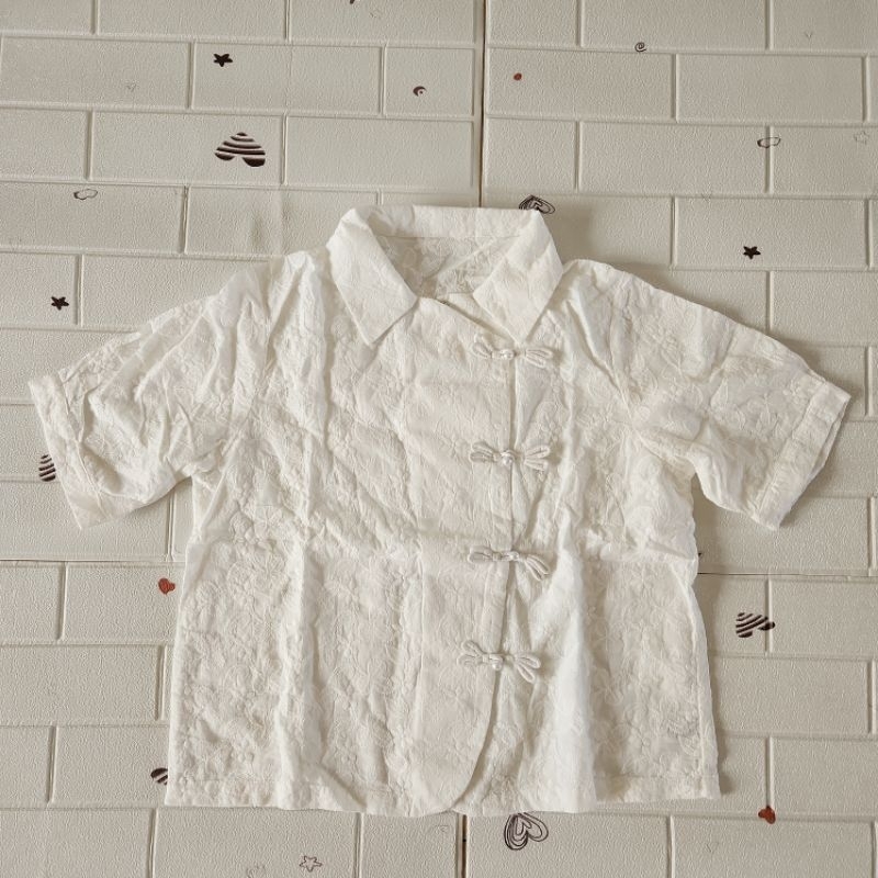 Top blouse kerah shanghai wanita Bangkok Harajuku shop bahan katun bordir motif-Putih
