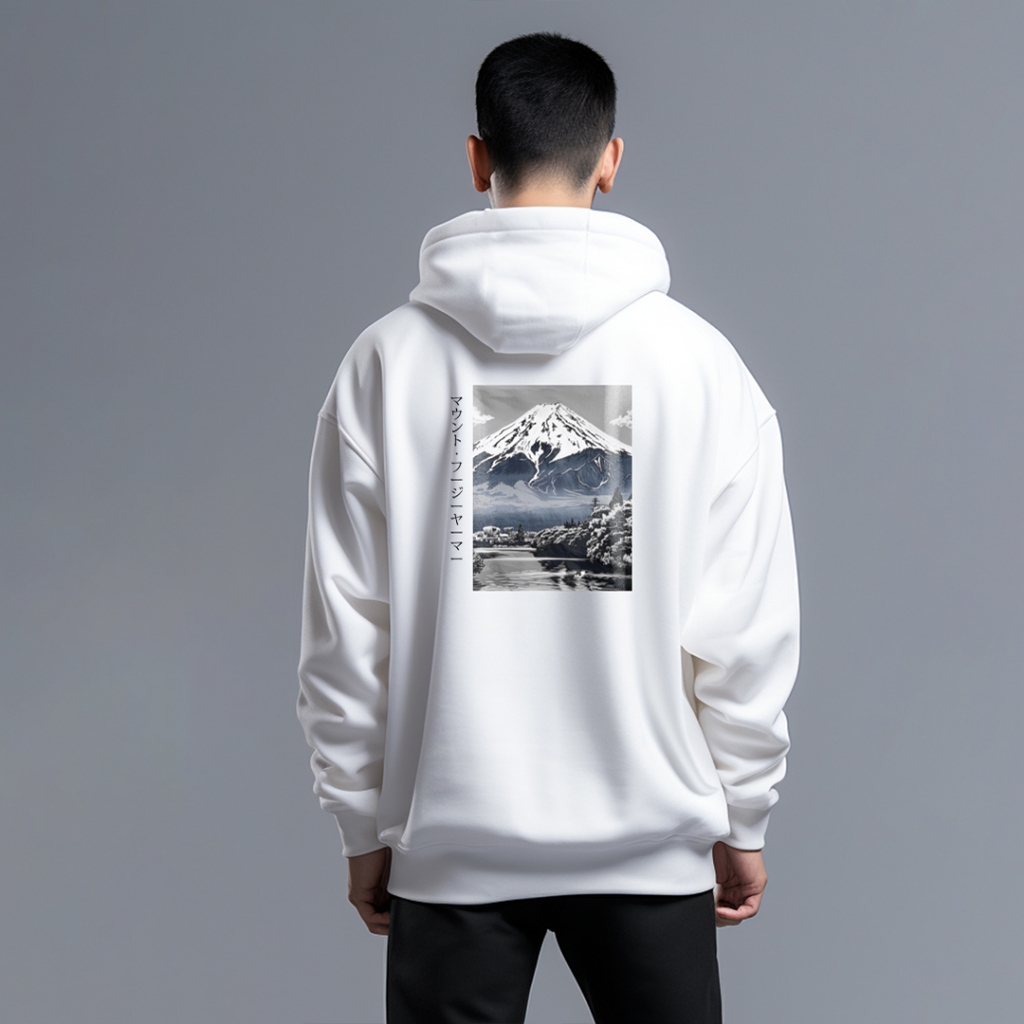 Hoodie Gambar Belakang Keren Gunung Fuji Bahan Scuba Putih MOB06 Hitam MOB07